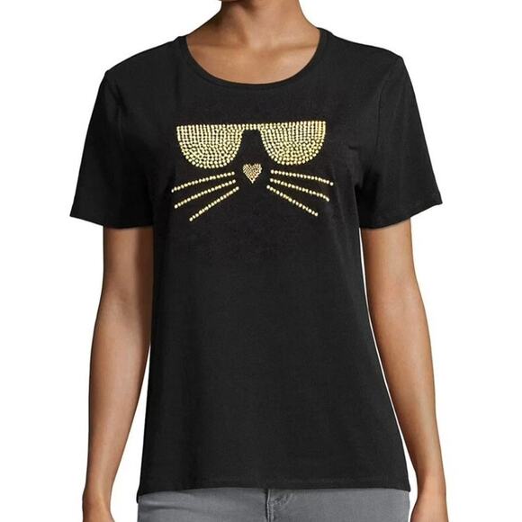 Karl Lagerfeld Paris Gold Studded Choupette Whisker Cat Logo Tee size Small - Picture 1 of 9